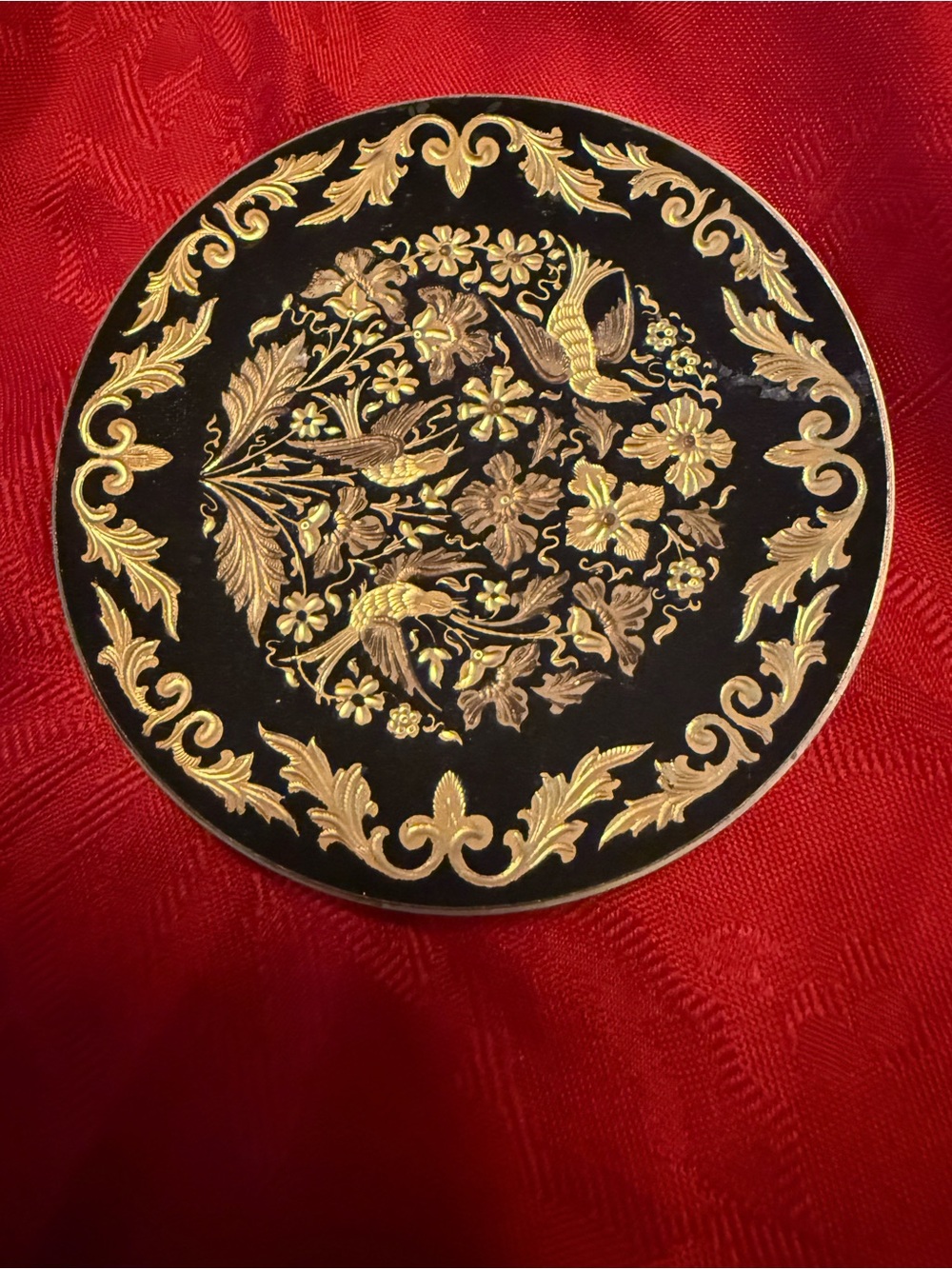 Vintage Damas Black & Gold Ornate Round Compact Mirror 24 k painting